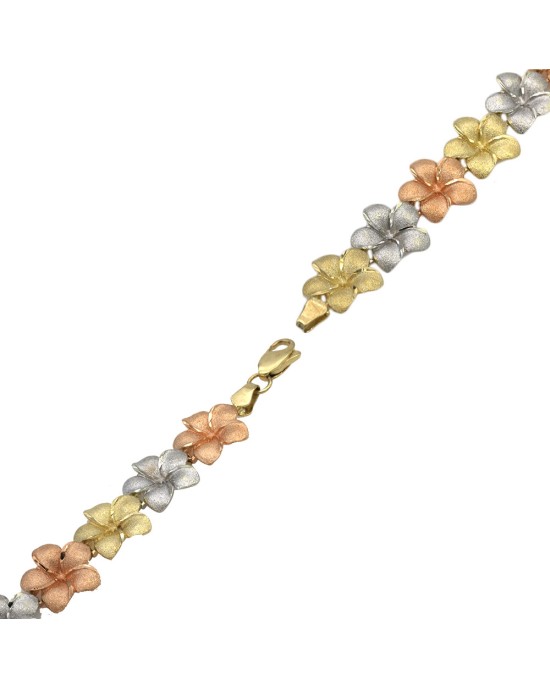 Plumeria Link Bracelet in White, Rose, and Yellow Gold